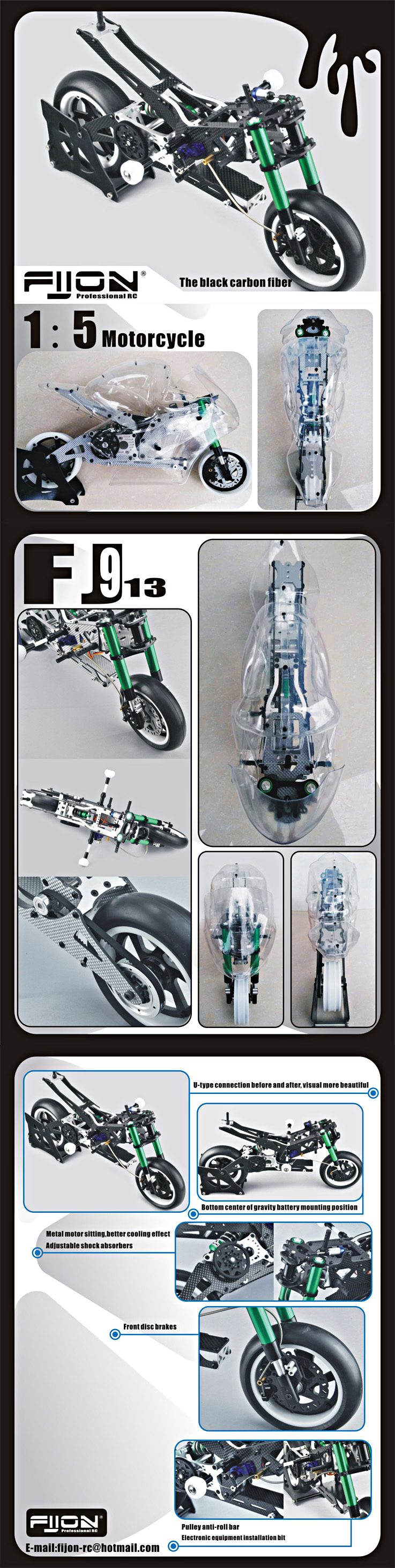 FIJON FJ913 1/5 Carbon Fiber Competition RC Motorcycle Frame Vehicles  Models NEW